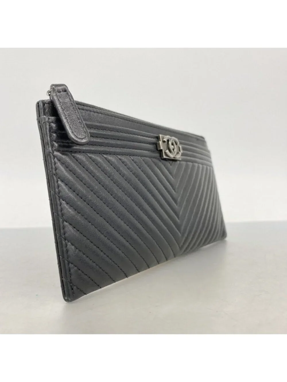 Chanel Wallet Boy Stitch Lambskin Black Silver